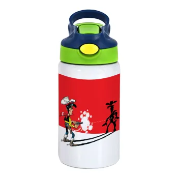 Lucky Luke shadows, Children's hot water bottle, stainless steel, with safety straw, green, blue (350ml)