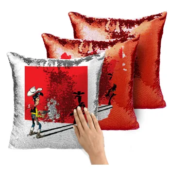 Λούκυ Λουκ σκιές, Μαξιλάρι καναπέ Μαγικό Κόκκινο με πούλιες 40x40cm περιέχεται το γέμισμα