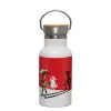 Metallic thermos (Stainless steel) White with wooden lid (bamboo), double-walled, 350ml