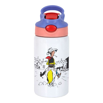 Λούκυ Λουκ comic, Children's hot water bottle, stainless steel, with safety straw, pink/purple (350ml)