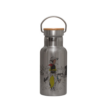 Lucky Luke comic, Stainless steel metallic thermos flask, silver with a bamboo lid, double-walled, 350ml.