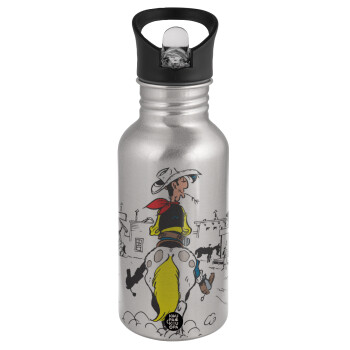 Lucky Luke comic, Water bottle Silver with straw, stainless steel 500ml