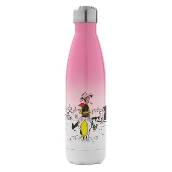 Lucky Luke comic, Metal mug thermos Pink/White (Stainless steel), double wall, 500ml