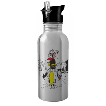 Lucky Luke comic, Water bottle Silver with straw, stainless steel 600ml