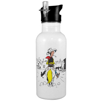 Lucky Luke comic, White water bottle with straw, stainless steel 600ml