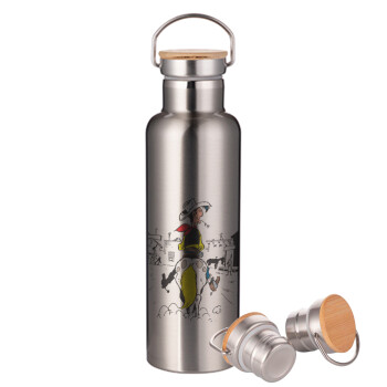 Lucky Luke comic, Stainless steel Silver with wooden lid (bamboo), double wall, 750ml
