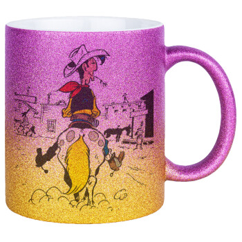 Λούκυ Λουκ comic, Κούπα Χρυσή/Ροζ Glitter, κεραμική, 330ml