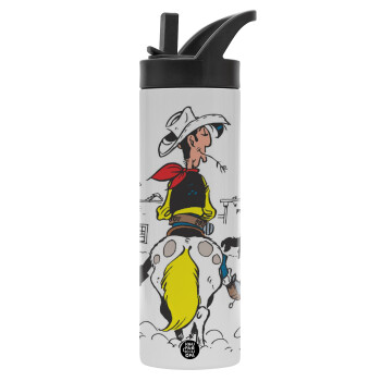 Λούκυ Λουκ comic, Μεταλλικό παγούρι θερμός με καλαμάκι & χειρολαβή, ανοξείδωτο ατσάλι (Stainless steel 304), διπλού τοιχώματος, 600ml