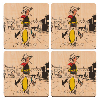 Lucky Luke comic, ΣΕΤ x4 Σουβέρ ξύλινα τετράγωνα plywood (9cm)