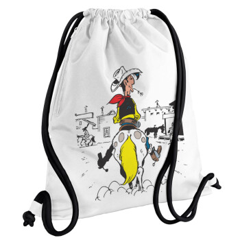 Λούκυ Λουκ comic, Τσάντα πλάτης πουγκί GYMBAG λευκή, με τσέπη (40x48cm) & χονδρά κορδόνια