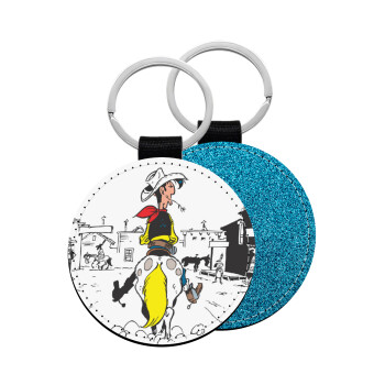 Λούκυ Λουκ comic, Μπρελόκ Δερματίνη, στρογγυλό ΜΠΛΕ (5cm)