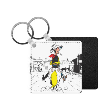 Lucky Luke comic, Μπρελόκ Δερματίνη, τετράγωνο ΜΑΥΡΟ (5x5cm)