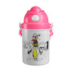 Lucky Luke comic, Ροζ παιδικό παγούρι πλαστικό (BPA-FREE) με καπάκι ασφαλείας, κορδόνι και καλαμάκι, 400ml