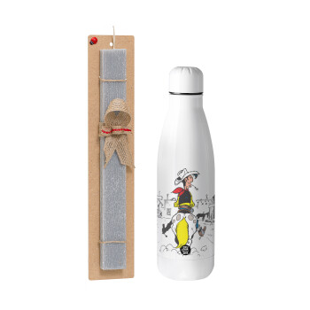 Lucky Luke comic, Easter Set, metallic stainless thermos bottle (500ml) & scented flat Easter candle (30cm) (GRAY)