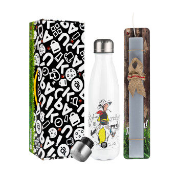 Lucky Luke comic, Easter candle, metallic white thermos bottle (500ml) & aromatic flat candle (30cm) (GRAY)