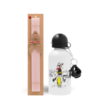 Lucky Luke comic, Easter Set, metallic aluminum bottle (500ml) & aromatic flat Easter candle (30cm) (PINK)