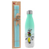 Easter Set, Metallic green/white thermos (Stainless steel), double-walled, 500ml & scented flat Easter candle (30cm) (TURQUOISE)