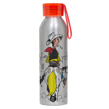 Λούκυ Λουκ comic, Αλουμινένιο Αθλητικό Μπουκάλι 650ml – Ασημί με Κόκκινο Καπάκι και Λουράκι Σιλικόνης
