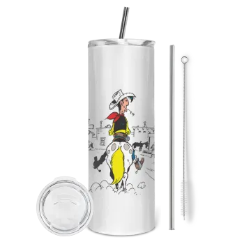 Λούκυ Λουκ comic, Tumbler ποτήρι θερμό από ανοξείδωτο ατσάλι 600ml, με μεταλλικό καλαμάκι & βούρτσα καθαρισμού