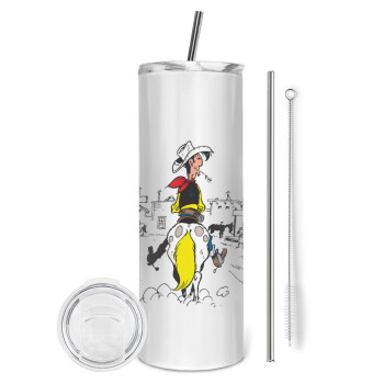 Lucky Luke comic, Eco friendly stainless steel tumbler 600ml, with metal straw & cleaning brush