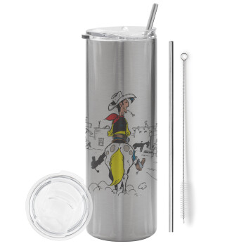 Lucky Luke comic, Eco friendly stainless steel Silver tumbler 600ml, with metal straw & cleaning brush