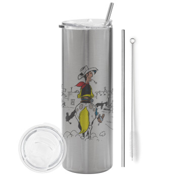 Lucky Luke comic, Tumbler stainless steel Silver 600ml, with metal straw & cleaning brush