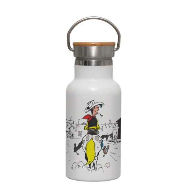 Lucky Luke comic — Metallic thermos (Stainless steel) White with wooden lid (bamboo), double-walled, 350ml