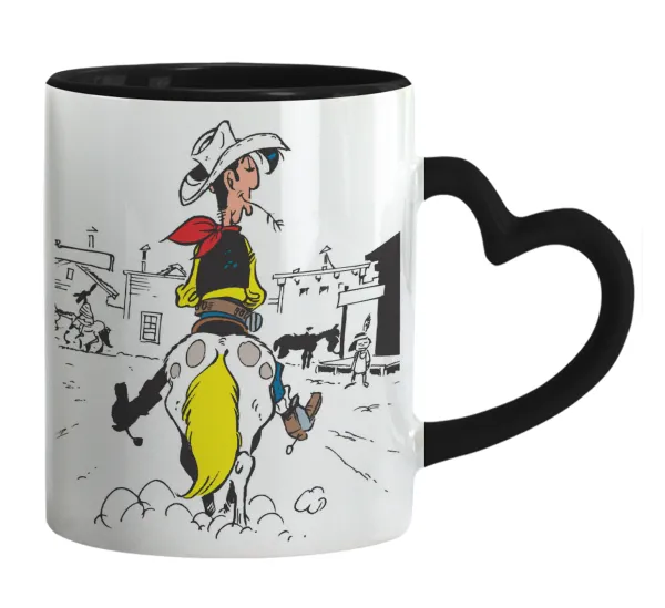 Lucky Luke comic — Mug heart black handle, ceramic, 330ml