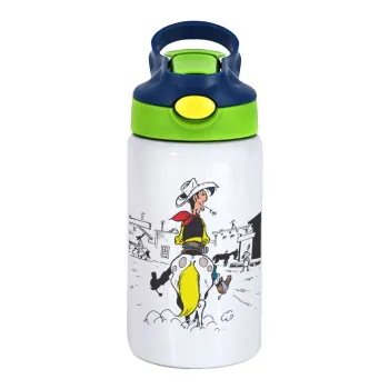 Λούκυ Λουκ comic, Παιδικό παγούρι θερμό, ανοξείδωτο, με καλαμάκι ασφαλείας, πράσινο/μπλε (350ml)