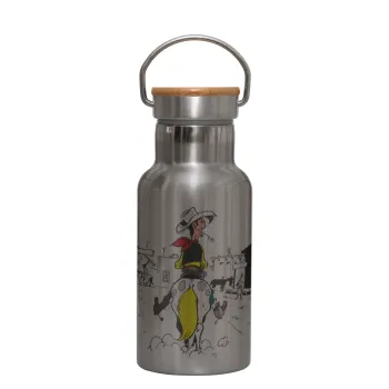 Lucky Luke comic, Stainless steel metallic thermos flask, silver with a bamboo lid, double-walled, 350ml.