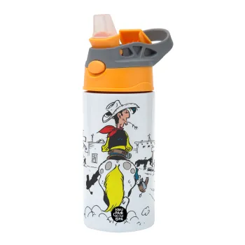 Λούκυ Λουκ comic, Παιδικό παγούρι θερμό, ανοξείδωτο, με καλαμάκι ασφαλείας, Πορτοκαλί/Γκρι (360ml) BPA-FREE