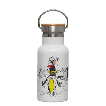 Λούκυ Λουκ comic, Μεταλλικό παγούρι θερμός (Stainless steel) Λευκό με ξύλινο καπακι (bamboo), διπλού τοιχώματος, 350ml