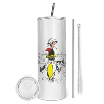 Λούκυ Λουκ comic, Tumbler ποτήρι θερμό από ανοξείδωτο ατσάλι 600ml, με μεταλλικό καλαμάκι & βούρτσα καθαρισμού