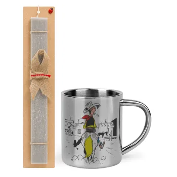 Lucky Luke comic, Easter Set, metallic thermal cup (300ml) & Easter aromatic flat candle (30cm) (GRAY)