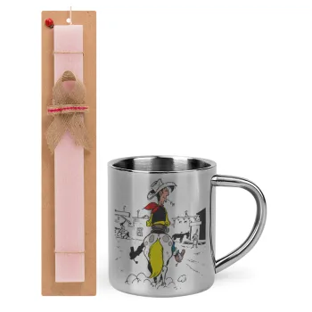 Lucky Luke comic, Easter Set, metallic thermal cup (300ml) & aromatic flat Easter candle (30cm) (PINK)