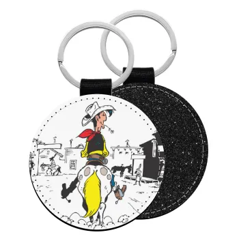 Lucky Luke comic, Μπρελόκ Δερματίνη, στρογγυλό ΜΑΥΡΟ (5cm)