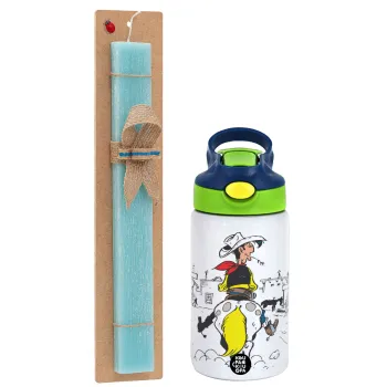Lucky Luke comic, Easter Set, Children's thermal stainless steel bottle with safety straw, green/blue (350ml) & aromatic flat Easter candle (30cm) (TURQUOISE)