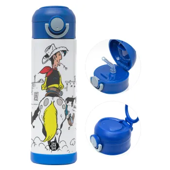 Λούκυ Λουκ comic, Παιδικό παγούρι θερμό, ανοξείδωτο, με καλαμάκι ασφαλείας, ΜΠΛΕ (500ml)