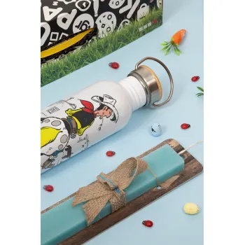 Λούκυ Λουκ comic, Πασχαλινή Λαμπάδα με παγούρι μεταλλικό (620ml, stainless steel) & κερί αρωματικό πλακέ (30cm) (ΤΙΡΚΟΥΑΖ)