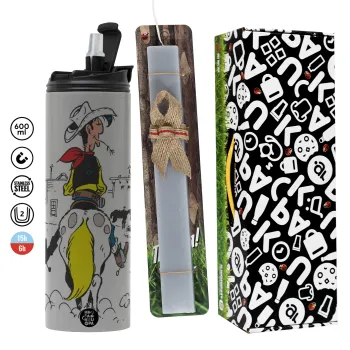 Λούκυ Λουκ comic, Πασχαλινή Λαμπάδα με Travel Tumbler θερμό (600ml, BPA free) & κερί αρωματικό πλακέ (30cm) (ΓΚΡΙ)