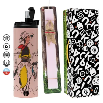 Λούκυ Λουκ comic, Πασχαλινή Λαμπάδα με  ΡΟΖ Travel Tumbler θερμό (600ml, BPA free) & κερί αρωματικό πλακέ (30cm) (ΡΟΖ)