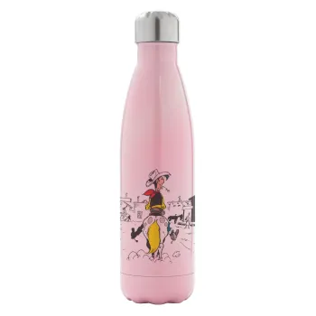 Lucky Luke comic, Metal mug thermos Pink Iridiscent (Stainless steel), double wall, 500ml