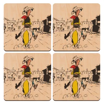 Lucky Luke comic, ΣΕΤ x4 Σουβέρ ξύλινα τετράγωνα plywood (9cm)