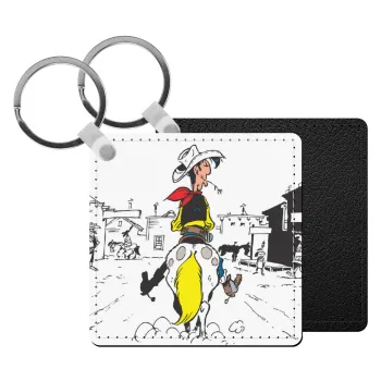 Lucky Luke comic, Μπρελόκ Δερματίνη, τετράγωνο ΜΑΥΡΟ (5x5cm)