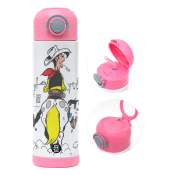 Lucky Luke comic, Children's hot water bottle, stainless steel, with safety straw, PINK (500ml)
