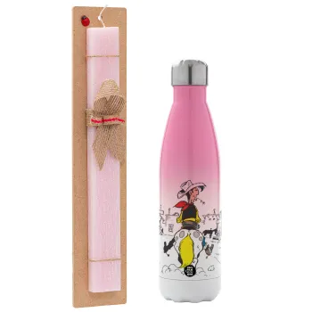 Lucky Luke comic, Easter Set, Metallic pink/white (Stainless steel) thermos, double-walled, 500ml & aromatic flat Easter candle (30cm) (PINK)