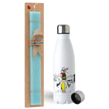 Lucky Luke comic, Easter Set, metallic stainless steel water bottle (750ml) & aromatic flat Easter candle (30cm) (TURQUOISE)