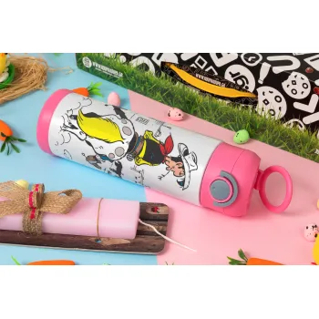 Λούκυ Λουκ comic, Πασχαλινή Λαμπάδα με Παιδικό παγούρι θερμό, ανοξείδωτο, με καλαμάκι ασφαλείας, ΡΟΖ (500ml)