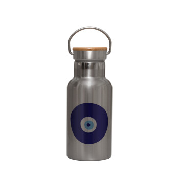 Χάντρα γαλαζιά, Stainless steel metallic thermos flask, silver with a bamboo lid, double-walled, 350ml.