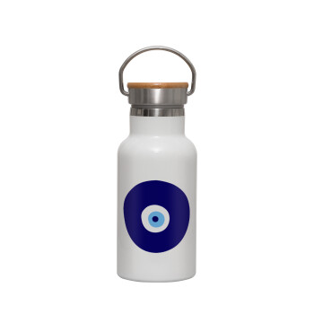 Χάντρα γαλαζιά, Μεταλλικό παγούρι θερμός (Stainless steel) Λευκό με ξύλινο καπακι (bamboo), διπλού τοιχώματος, 350ml